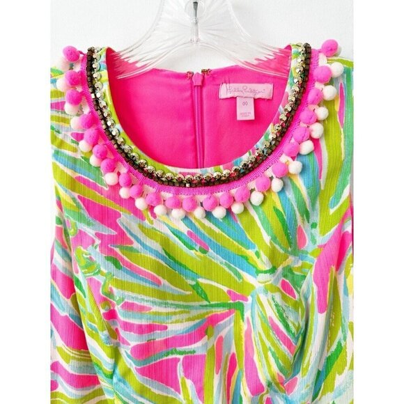 Lilly Pulitzer Mila Tiki Pink Shift Dress 00 100% Cotton Pom Pom Floral - Picture 5 of 10